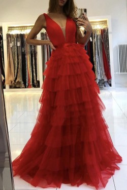 Long Red Tulle Prom Dresses Formal Evening Gowns 901107
