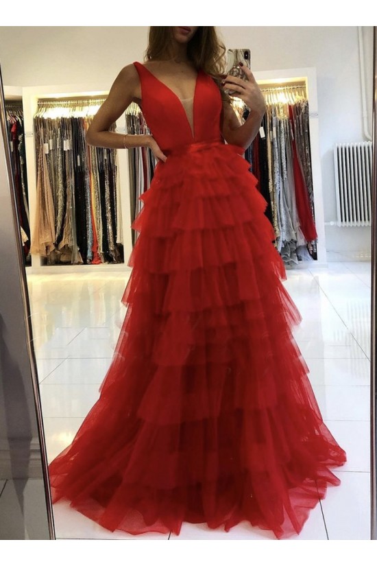 Long Red Tulle Prom Dresses Formal Evening Gowns 901107 Long Red Tulle Prom Dresses Formal Evening Gowns 901107