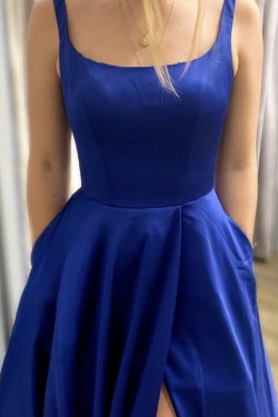 Long Blue Satin Prom Dresses Formal Evening Gowns 901108