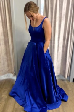Long Blue Satin Prom Dresses Formal Evening Gowns 901108