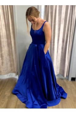 Long Blue Satin Prom Dresses Formal Evening Gowns 901108