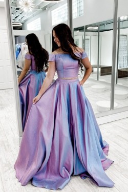 A-Line Off the Shoulder Two Pieces Long Prom Dresses Formal Evening Gowns 901110