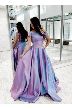 A-Line Off the Shoulder Two Pieces Long Prom Dresses Formal Evening Gowns 901110