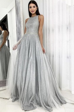 A-Line Sparkle Tulle Long Prom Dresses Formal Evening Gowns 901112