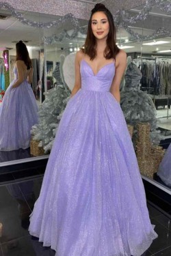 A-Line Sparkle Tulle Lavender Long Prom Dresses Formal Evening Gowns 901113
