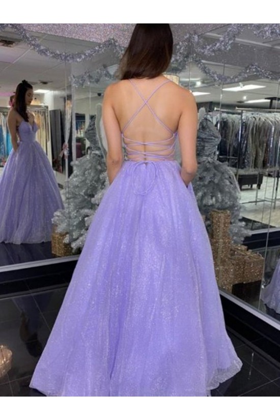 A-Line Sparkle Tulle Lavender Long Prom Dresses Formal Evening Gowns 901113