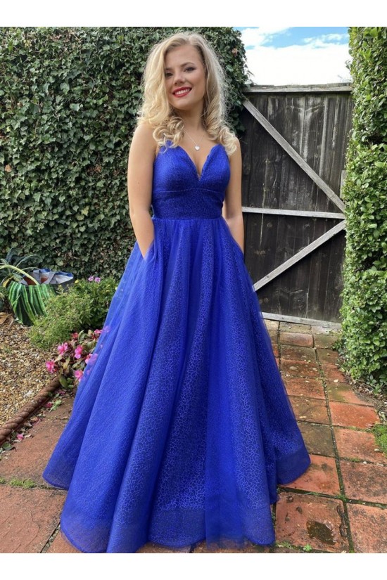 A-Line Long Blue Prom Dresses Formal Evening Gowns 901119