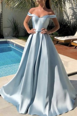 A-Line Off the Shoulder Satin Long Prom Dresses Formal Evening Gowns 901121