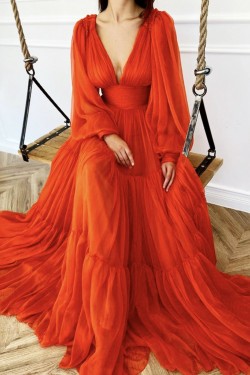 A-Line Long Sleeves V Neck Long Prom Dresses Formal Evening Gowns 901122