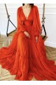 A-Line Long Sleeves V Neck Long Prom Dresses Formal Evening Gowns 901122