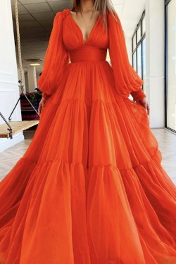 A-Line Long Sleeves V Neck Long Prom Dresses Formal Evening Gowns 901122