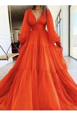 A-Line Long Sleeves V Neck Long Prom Dresses Formal Evening Gowns 901122