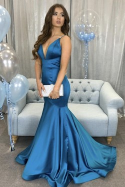 Mermaid Long Blue V Neck Prom Dresses Formal Evening Gowns 901123