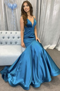 Mermaid Long Blue V Neck Prom Dresses Formal Evening Gowns 901123