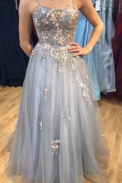 A-Line Tulle Lace Long Prom Dresses Formal Evening Gowns 901124