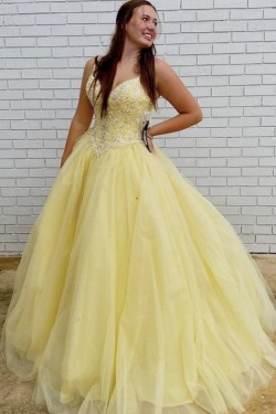 Long Yellow Tulle Beaded Prom Dresses Formal Evening Gowns 901125