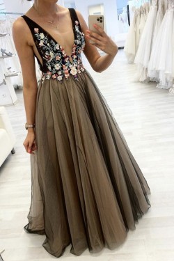 A-Line Tulle Lace Long Prom Dresses Formal Evening Gowns 901127