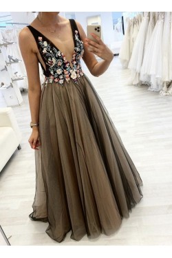 A-Line Tulle Lace Long Prom Dresses Formal Evening Gowns 901127