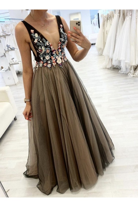 A-Line Tulle Lace Long Prom Dresses Formal Evening Gowns 901127
