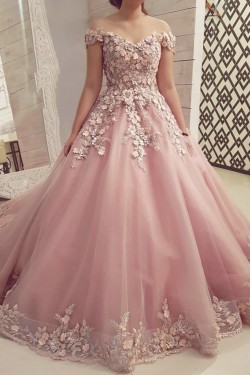 A-Line Off the Shoulder Lace Long Prom Dresses Formal Evening Gowns 901130