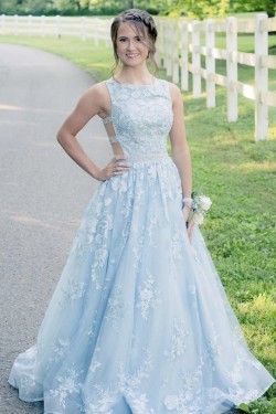 A-Line Long Blue Lace Prom Dresses Formal Evening Gowns 901131