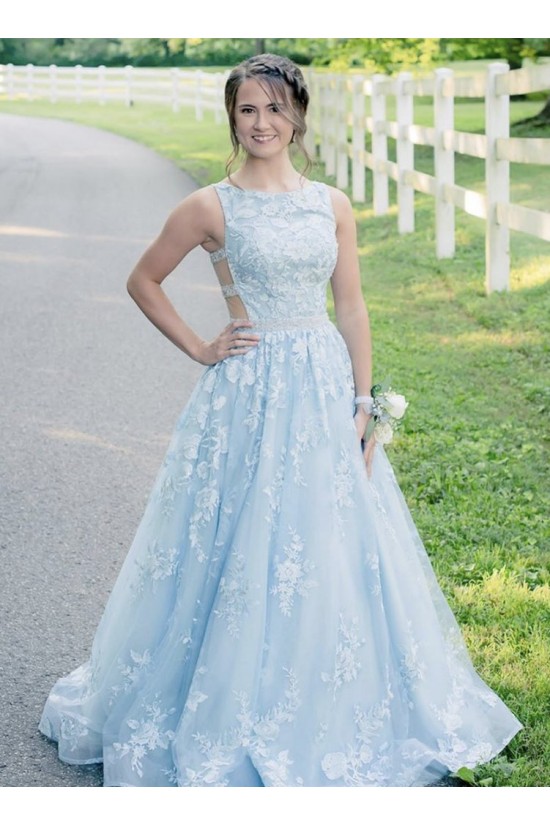 A-Line Long Blue Lace Prom Dresses Formal Evening Gowns 901131 A-Line Long Blue Lace Prom Dresses Formal Evening Gowns 901131