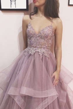 A-Line Beaded Lace and Tulle Long Prom Dresses Formal Evening Gowns 901132