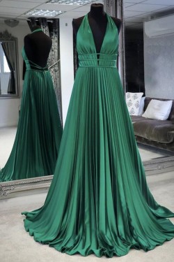 A-Line Long Green V Neck Prom Dresses Formal Evening Gowns 901133
