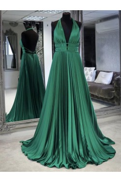 A-Line Long Green V Neck Prom Dresses Formal Evening Gowns 901133