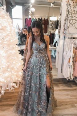 A-Line Lace Long Prom Dresses Formal Evening Gowns 901134