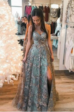 A-Line Lace Long Prom Dresses Formal Evening Gowns 901134