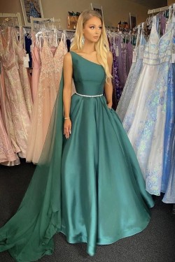 A-Line One Shoulder Long Prom Dresses Formal Evening Gowns 901135