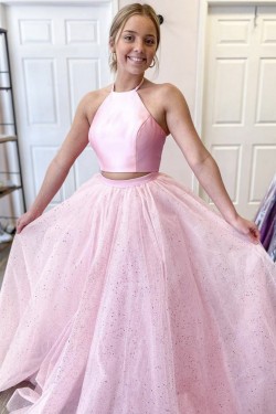 A-Line Two Pieces Sparkle Tulle Long Pink Prom Dresses Formal Evening Gowns 901136