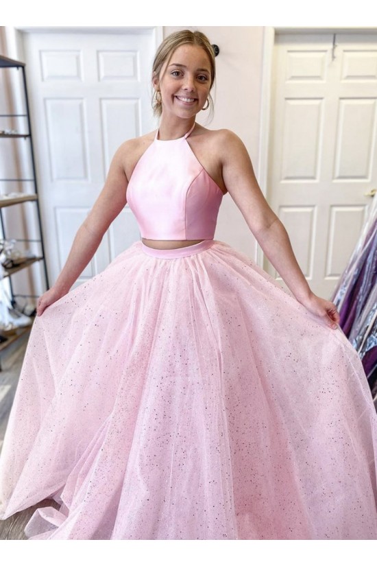 A-Line Two Pieces Sparkle Tulle Long Pink Prom Dresses Formal Evening Gowns 901136 A-Line Two Pieces Sparkle Tulle Long Pink Prom Dresses Formal Evening Gowns 901136