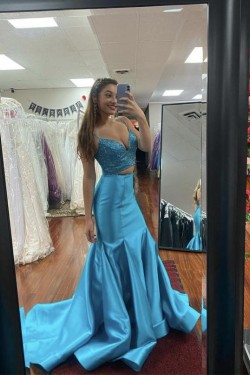 Mermaid Two Pieces Long Blue Sequins and Satin Prom Dress Formal Evening Gowns 901137