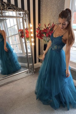 A-Line Long Blue Spaghetti Straps Prom Dress Formal Evening Gowns 901140