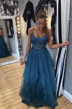 A-Line Long Blue Spaghetti Straps Prom Dress Formal Evening Gowns 901140