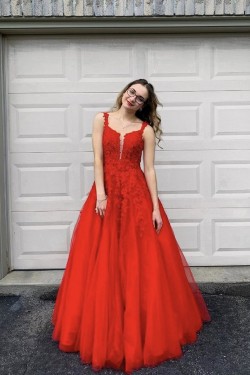 A-Line Long Red Lace and Tulle Beaded Prom Dress Formal Evening Gowns 901143