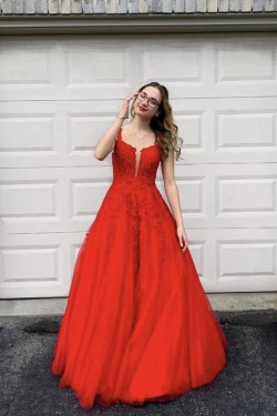 A-Line Long Red Lace and Tulle Beaded Prom Dress Formal Evening Gowns 901143