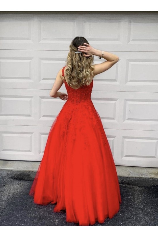 A-Line Long Red Lace and Tulle Beaded Prom Dress Formal Evening Gowns 901143 A-Line Long Red Lace and Tulle Beaded Prom Dress Formal Evening Gowns 901143