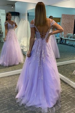 A-Line Lace and Tulle Long Prom Dress Formal Evening Gowns 901146