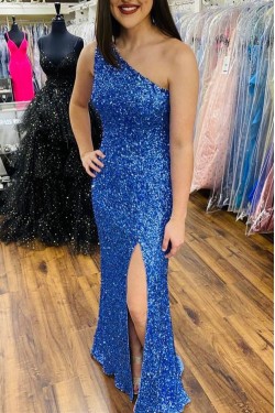 Long Blue One Shoulder Sparkle Sequin Prom Dress Formal Evening Gowns 901152