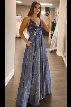 A-Line Long Blue Lace Sparkle Prom Dress Formal Evening Gowns 901157