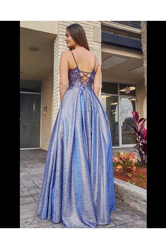 A-Line Long Blue Lace Sparkle Prom Dress Formal Evening Gowns 901157