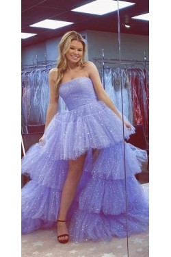 High Low Strapless Sparkle Tulle Prom Dress Formal Evening Gowns 901163
