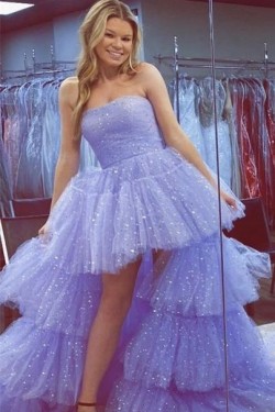 High Low Strapless Sparkle Tulle Prom Dress Formal Evening Gowns 901163