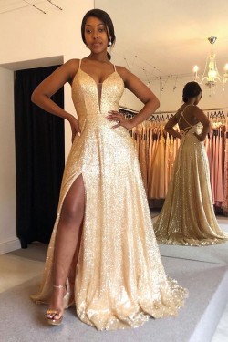 A-Line Gold Sequin Prom Dress Formal Evening Gowns 901165