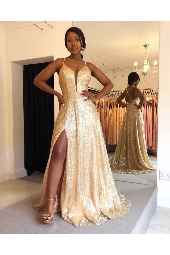 A-Line Gold Sequin Prom Dress Formal Evening Gowns 901165 A-Line Gold Sequin Prom Dress Formal Evening Gowns 901165