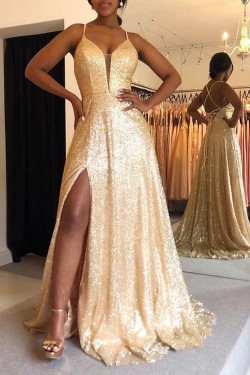 A-Line Gold Sequin Prom Dress Formal Evening Gowns 901165