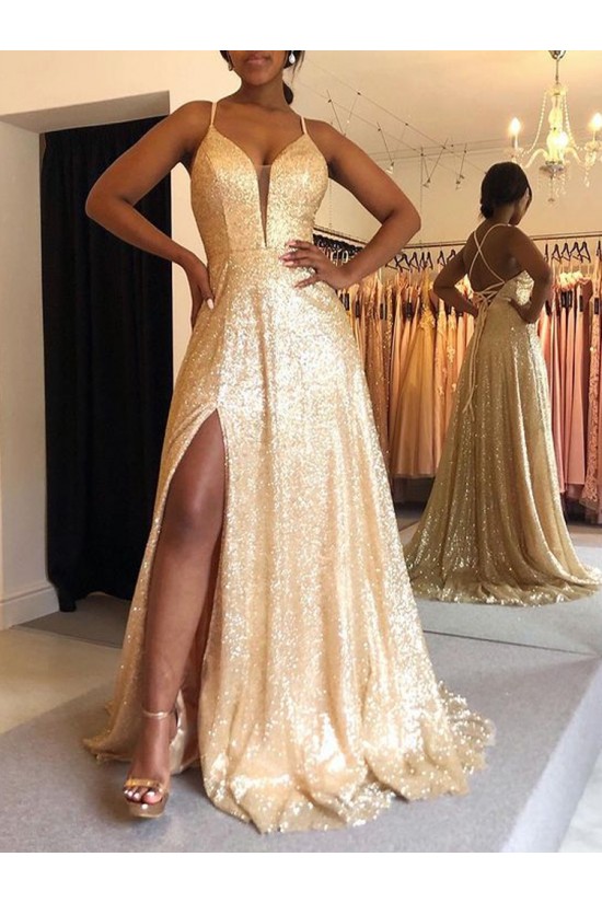 A-Line Gold Sequin Prom Dress Formal Evening Gowns 901165 A-Line Gold Sequin Prom Dress Formal Evening Gowns 901165
